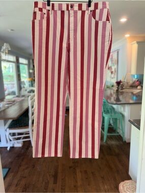 Boden High Rise Straight Leg Jeans Red Pink White Vertical Striped 5-Pocket